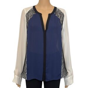 Worthington Women's Black Lace Blouse, Size L, Long Sleeve, Blue and Beige